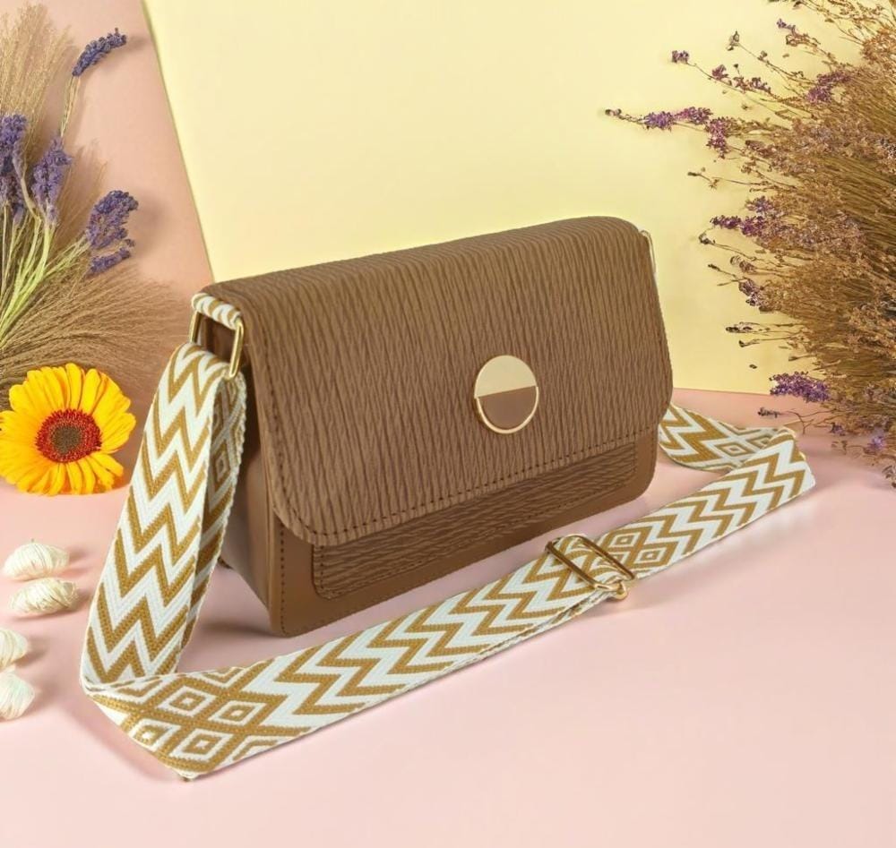 CLASSIC BROWN SLING BAG WITH PATTERNED STRAP